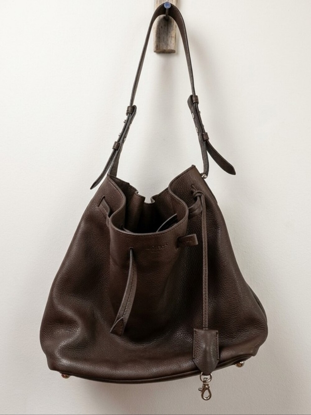 Bally Dark Brown Genuine Leather Drawstring Hobo Shoulder Bag